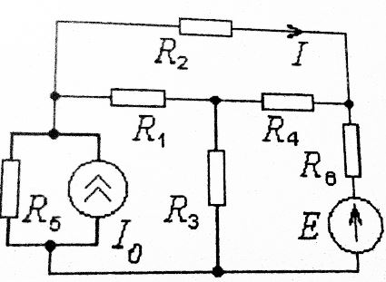 Электрическая цепь находится в режиме постоянного тока. Провести анализ цепи относительно тока, положительное направление которого задана на рисунке и отыскать мощность, рассеиваемую на этой ветви. Методы анализа выбираются из таблицы 2 в соответствии с номером подварианта. <br />Вариант 1, подвариант 4   <br />Дано: E = 6 В, J0 = 4 А, R1 = 8 Ом, R2 = 5 Ом, R3 = 2 Ом, R4 = 1 Ом, R5 = 5 Ом, R6 = 7 Ом. <br />Методы анализа: а) метод узловых напряжений в) метод эквивалентного генератора.