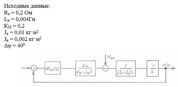 1. Подобрать корректирующее устройство (КУ) первого порядка, исходя из условий обеспечения запасов устойчивости по амплитуде и по фазе:<br /> а) построить ЛАЧХ системы без КУ, определить имеющиеся запасы устойчивости; <br /> б) осуществить синтесз КУ, определить его параметры;<br /> в) построить ЛАЧХ и ЛФЧХ систему с КУ, определить запасы устойчивости;<br /> 2. Построить переходный процесс, определить прямые показатели качества 