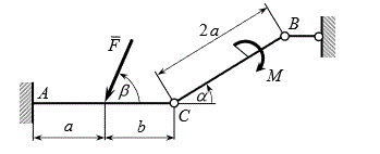 Расчет плоских составных конструкций <br /> Дано: F=3 кН; M=4 кН·м; a=0.6 м; b=2 м; α=30°, β=60° . Найти: R<sub>A</sub>, M<sub>A</sub>, R<sub>B</sub>, R<sub>C</sub>