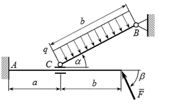 Расчет плоских составных конструкций <br /> Дано: F=3 кН; q=1 кН/м; a=0.6 м; b=2 м; α= 30°, β=60°. Найти: R<sub>A</sub>, M<sub>A</sub>