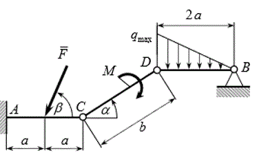 Расчет плоских составных конструкций <br /> Дано: F = 3 кН, М = 4 кН·м, a = 0.6 м, b = 2 м, α = 30°, β = 60°, q<sub>max</sub> = 1 кН/м. Найти: R<sub>A</sub>, M<sub>A</sub>, R<sub>B</sub>, R<sub>C  </sub> 