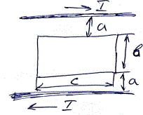 Вычислить взаимную индуктивность двухпроводной  линии и рамки, лежащей в плоскости проводов линии<br /> Дано: a = 10см, b = 20см, c = 50см