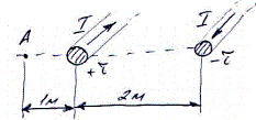 Провода двухпроводной линии несут заряд τ = ±10<sup>-7</sup> Кл/м по ним текут токи I = 1000 А. Определить величину и направление вектора Пойтинга в точке А