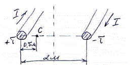 Определить величину и направление вектора Пойтинга в точке С. <br />Дано: τ = ±10<sup>-7</sup> Кл/м, I = 100A