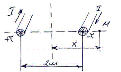 Провода двухпроводной линии несут заряд τ = ±10<sup>-7</sup> Кл/м по ним текут токи I = 1000 А. Определить величину и направление вектора Пойтинга в точке M, удаленной от центра на x = 1.5м