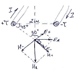Провода двухпроводной линии несут заряд τ = ±10<sup>-9</sup> Кл/м по ним текут токи I = 100 А. Определить величину и направление вектора Пойтинга в точке В
