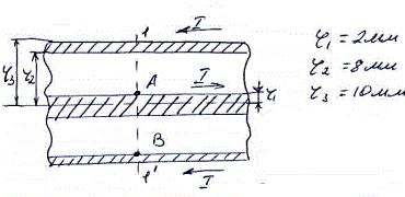 Коаксиальный кабель состоит из медной трубки и расположенной на ее оси медной проволоки (σ = 5.7·10<sup>7</sup> См/м)<br /> По кабелю течет ток I = 50А, U<sub>11'</sub> = 100В (в сечении)<br /> Определить величину и направление вектора Пойтинга в точках А и В