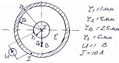Определить величину и направление вектора Пойтинга в точке В в изоляции (ε = 6) коаксиального кабеля