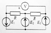 Определите показание вольтметра V, если R = 5 кОм, E1 = 4 В, E2 = 10 В, E3 = 9 В