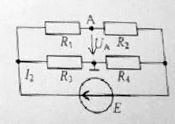 Параметры цепи: R1 = R2 = 2 кОм, R3 = 2.5 кОм, R4 = 0.5 кОм, E = 5 В.<br /> Рассчитайте напряжение U<sub>A</sub> узла А относительно заземленного узла 