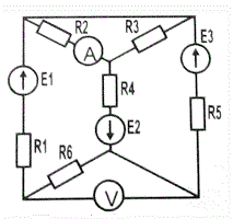 Выполнить: провести расчет по методу непосредственного применения законов Кирхгофа, методом контурных токов  и методом узловых напряжений; проверить результаты расчета цепи путем составления баланса мощностей; определить показания электроизмерительных приборов.<br />Дано: Е1 = 20 В, Е2 = 40 В, Е3 = 40 В, R1 = 2 Ом, R2 = 8 Ом, R3 = 8 Ом, R4 = 6 Ом, R5 = 5 Ом, R6 = 3 Ом