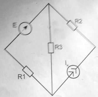 Методом законов Кирхгофа рассчитать токи в ветвях и проверить выполнение баланса мощности. <br />Вариант 6 <br />Дано: R1 = 4 Ом, R2 = 4 Ом, R3 = 1 Ом, Е = 3 В, Iи = 3 А