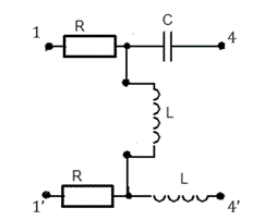1. Вычертить пассивную схему для рассматриваемого варианта. Для этого необходимо в анализируемой цепи источники энергии заменить их внутренними сопротивлениями, а узлы 1 и 4 расщепить на два каждый. При этом получится пассивный четырёхполюсник с входными зажимами 1-1'  и выходными зажимами 4-4'.<br />2. Определить на частоте первой гармоники параметры холостого хода Z1х и  Z2x и короткого замыкания Z 1к и Z 2к, зарисовав схемы соответствующих режимов.<br /> 3. По данным пункта 2 определить характеристические сопротивления Z1с и Z2с. <br />4. Определить коэффициенты формы [А] на частоте первой гармоники. <br />5. Рассчитать характеристическую постоянную Г1 . <br />6. Найти напряжение на выходе четырехполюсника Uвых при согласованной нагрузке, включив на вход источник   с  ЭДС   e=10√2cos10<sup>4</sup>t <br /> 7. Определить комплексный коэффициент передачи по току в режиме короткого замыкания Ki или коэффициент  передачи по напряжению при холостом ходе Кu или передаточное сопротивление при холостом ходе Kz  или передаточную проводимость в режиме короткого замыкания  Ky  в соответствии с вариантом, данным в графе 12 табл. 2.<br /> 8. Построить амплитудно-частотную и фазо-частотную характеристики по выражению найденного коэффициента передачи.<br /> Вариант 18<br /> Дано: R = 5/2 Ом, L = 5·10<sup>-4</sup> Гн, C = (1.5)·10<sup>-4</sup> Ф
