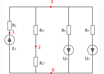 <b>Задание</b> <br />1. Определить все токи <br />2. Составить баланс мощностей <br />3. Определить режим работы источников питания <br />4. Определить напряжение U12 между точками 1 и 2<br />Вариант 13<br /><b>Дано:</b> E1 = 220 В; U5 = 60 В; U7 = 40 В; R1 = 1 Ом; R2' = 2 Ом; R2'' = 3 Ом; R5 = 5 Ом; R7 = 5 Ом; <br />Разомкнутые выключатели: В3, В4, В6, В8.