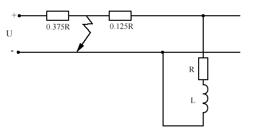 Дано: U = 24 В, I<sub>выкл</sub> = 6 А, R = 0,6 Ом, L = 1 Гн, R<sub>л</sub>= 1,5 Ом <br /> Выключающий механизм приводится в действие при коротком замыкании между проводами в линии. Электромагнит отпускает защелку, освобождающую пружину выключающего механизма. Защелка отходит, когда ток, спадая, достигает значение Iотв. Обмотка электромагнита имеет индуктивность L и сопротивление R. Сопротивлении линии равно Rл. Напряжение в начале линии, разомкнутой на конце равно U. Определить, через какое время после короткого замыкания придет в движение выключающий механизм. Построить кривую спадания тока в обмотке электромагнита в функции времени.