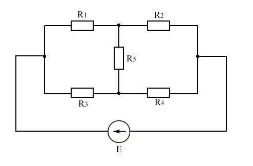 Дано: Е = 36 В, R<sub>1</sub> = R<sub>4</sub> = 3 Ом, R<sub>2</sub> = 4 Ом, R<sub>3</sub> = 6 Ом, R<sub>5</sub> = 2 Ом. Определить ток в резисторе R<sub>1</sub> методом эквивалентного источника