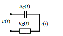 Дана электрическая цепь. Величины элементов в цепи R = 750 Ом, С = 0,1 мкФ, к цепи приложено гармоническое напряжение u(t) = U<sub>m</sub>cos (ωt – ψ<sub>u</sub>) = 2,5cos(10<sup>4</sup>t – 60º), В. Определить ток в цепи i(t), напряжения на конденсаторе u<sub>С</sub>(t) и на резисторе u<sub>R</sub>(t).