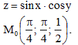 Составить уравнения касательной плоскости и нормали к поверхности z = sinx · cosy  в точке  M<sub>0</sub>(π/4, π/4, 1/2)