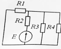 Задана схема цепи с четырьмя активными сопротивлениями и одним источником. Считая, что известны R1-R4 и E, составить алгоритм расчета эквивалентного сопротивления Rэ и тока источника