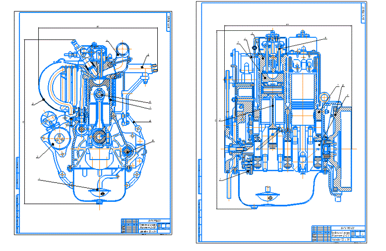 Поперечный и продольный разрезы двигателя Д-120 + спецификации (4 файла)