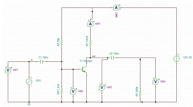 Построить усилительный каскад с общим эмиттером на биполярном транзисторе и определить его коэффициент усиления (лабораторная работа)