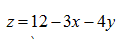 Построить график функции z = 12 - 3x - 4y.  Записать уравнение линии уровня, проходящей через точку  (2, -3).