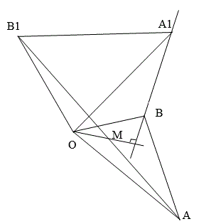 В результате поворота на 90° вокруг точки O отрезок AB перешел в отрезок A<sub>1</sub>B<sub>1</sub>. Доказать, что медиана OM треугольника OAB<sub>1</sub> перпендикулярна прямой A<sub>1</sub>B.
