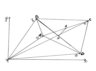Точки М и N — середины диагоналей АС и BD четырехугольника ABCD (рис) Доказать, что |AB|<sup>2</sup>+|BC|<sup>2</sup>+|CD|<sup>2</sup>+|DA|<sup>2</sup> = |AC|<sup>2</sup>+|BD|<sup>2</sup>+4|MN|<sup>2</sup>.