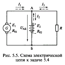 Методом двух узлов рассчитать силу тока в буферной аккумуляторной батарее Е<sub>2</sub> в цепи, показанной на рис. 5.5, если генератор (с ЭДС Е<sub>1</sub> = 245 В и внутренним сопротивлением R<sub>01 </sub> = 0,5 Ом) и аккумуляторная батарея (с Е<sub>2</sub> = 230 В и R<sub>02</sub> = 0,4 Ом) соединены параллельно и питают потребитель, сопротивление которого R = 10 Ом.