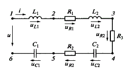 Электрическая цепь, схема замещения которой представлена на рис. 9.4, а, включена в сеть переменного тока с частотой 50 Гц и напряжением U = 214 В. Известны сопротивления участков цепи: R<sub>1</sub> = 30 Ом; R<sub>2</sub> = 60 Ом; R<sub>3</sub> = 40 Ом; X<sub>L1</sub> = 100 Ом;  X<sub>L2 </sub>= 70 Ом; X<sub>C1</sub> = 70 Ом; X<sub>C2</sub> = 30 Ом. <br />Построить топографическую диаграмму заданной цепи. <br />Определить: ток I в цепи; индуктивности (L<sub>1</sub>, L<sub>2</sub>) и емкости (С<sub>1</sub>, С<sub>2</sub>); напряжения U<sub>12</sub>, U<sub>23</sub>, U<sub>45</sub>, U<sub>36</sub> на отдельных участках цепи; активную, реактивную и полную мощности цепи; углы сдвига фаз между напряжениями u, u<sub>23</sub>, u<sub>45</sub>, u<sub>36</sub> и током i в цепи. <br />Составить уравнения мгновенных значений тока i и напряжений u, u<sub>12</sub>, u<sub>23</sub>, u<sub>45</sub>, u<sub>36</sub>, если начальная фаза тока ψ<sub>i</sub> = 0 .