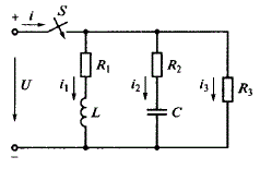 Цепь, показанная на рис. 14.1, с параметрами R<sub>1</sub> = 100 Ом, R<sub>2</sub> = 70 Ом, R<sub>3</sub> = 300 Ом, L = 0,2 Гн, С = 3 мкФ подключается рубильником S к источнику питания с постоянным напряжением U = 63 В. Определить силы токов ветвей, силу общего тока и напряжения на индуктивности, емкости и активных сопротивлениях в двух случаях: а) сразу после замыкания рубильника (t = 0); б) через сравнительно длительное время (t = ꝏ) после замыкания рубильника — в установившемся режиме.