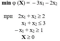 Решить графоаналитическим методом min φ (X) = -3x<sub>1</sub> - 2x<sub>2</sub> 	<br />при 2x<sub>1</sub> + x<sub>2</sub> ≥ 2	<br /> x<sub>1</sub> + x<sub>2</sub> ≤ 3 	<br />-x<sub>1</sub> + x<sub>2</sub> ≥ 1 	<br />X > 0