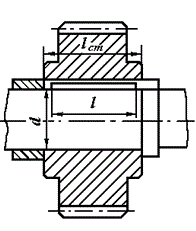 Выбрать по стандарту призматическую шпонку для соединения шестерни с валом d = 55 мм (рис). Материал шестерни - Сталь 40Х, материал шпонки - Сталь 45, длина ступицы l<sub>СТ</sub>  = 72 мм, передаваемый момент T = 500 Н·м при постоянной реверсивной нагрузке. 
