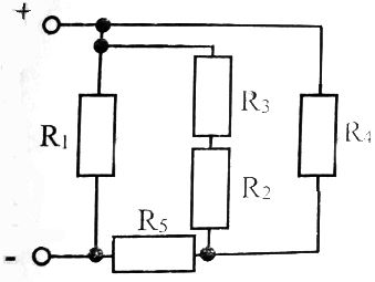 Напряжение, приложенное к цепи, U = 250 В. Резисторы в цепи имеют сопротивление R1 = 24 Ом, R2 = 8 Ом, R3 = 5 Ом, R4 = 26 Ом, R5 = 7 Ом <br />Определить: <br />Эквивалентное сопротивление цепи, величину тока всей цепи и на каждом резисторе. Указать направление токов в резисторах. Проверить баланс мощностей.