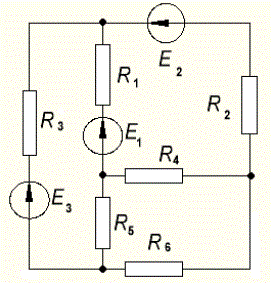 Задача 1. Для электрической схемы, изображенной на рис.10-19, по заданным в табл. 3 сопротивлениям и ЭДС:  <br />1) составить систему уравнений, необходимых для определения токов по первому и второму законам Кирхгофа;  <br />2) найти все токи, пользуясь методом контурных токов. <br />Вариант 4   <br />Дано:  Е1 = 14 В, Е2 = 25 В, Е3 = 28 В, R1 = 5.9 Ом, R2 = 3.2 Ом, R3 = 8.0 Ом, R4 = 2.0 Ом, R5 = 2.0 Ом, R6 = 6.0 Ом