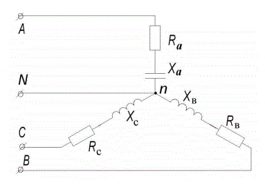 Для электрической схемы, изображенной на рис.20-23, по заданным в табл.4 параметрам и линейному напряжению определить фазные токи, активную мощность всей цепи и каждой фазы отдельно, построить векторную диаграмму и графически определить ток в нейтральном проводе. <br />Вариант 4   <br />Дано:  Uл = 300 В, Ra = 3 Ом, Xa = 4 Ом, Rb = 4.5 Ом, Xb = 6 Ом, Rc = 4 Ом, Xc = 3 Ом