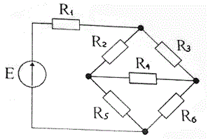 В схеме определить ток источника, используя преобразование звезды резисторов R2, R4, R5 в эквивалентный треугольник. <br />Дано: R2 = 6 Ом, R3 = 42 Ом, R4 = 12 Ом, R5 = 24 Ом, R6 = 28 Ом, I3 = 0.5 A
