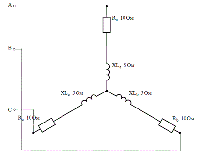 Потребитель соединён «звездой» и включён под Uл=220 В. сопротивления в фазах R=10 Ом. и XL=5 Ом. Определить активную, реактивную и полную мощность