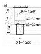 Для двухступенчатого бруса (рис 14, а ) определить и построить эпюры продольных сил и нормальных напряжений. Определить удлинение (укорочение) бруса.  Модуль упругости Е=2 10<sup>5</sup> МПа.