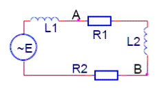 Задание 4.8<br />  На схеме Е – источник переменного напряжения 220 В, 50 Гц. Значения компонентов: R1 = 200 Ом, R2 = 300 Ом, L1 = 0,5 Гн, L2 = 0,1 Гн. Построить векторную диаграмму напряжений, найти модуль тока в цепи и модуль напряжения между точками А и В.