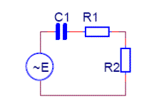Задание 4.20<br />  Е - источник переменного напряжения 100 В, 100 Гц. R1 = 100 Ом, С = 10,6 мкФ. При каком значении резистора R2 выделяемая на нем мощность будет максимальна? Чему она равна?