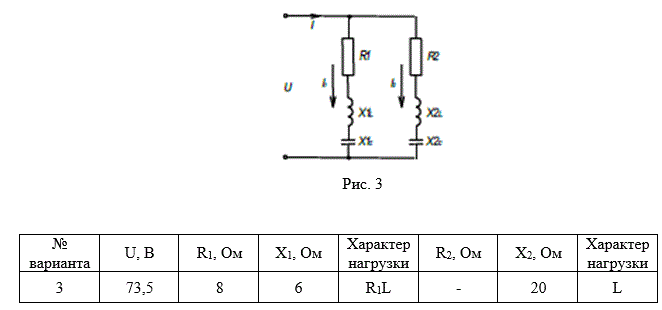 К источнику переменного тока с напряжением U параллельно подключены два приемника. Первый из них имеет параметры R1, X1L, X1С, второй – R2, X2L, X2C.  <br />  Рис. 3  Определить: токи I1, I2 в ветвях цепи и I в неразветвленной части методом проводимостей; коэффициенты мощности соsφ1, cosφ2, cosφ3; активную Р, реактивную Q и полную S мощности приемников и всей цепи. Построить векторную диаграмму.<br /> Вариант 3