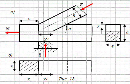 Соединение стропильной ноги с затяжкой выполнено с помощью лобовой врубки (рис. 18.). Определить необходимые размеры (х, х<sub>1</sub>,y), если сжимающее усилие в подкосе равно F=60 кН, угол наклона крышки α = 30°, размеры сечения брусьев h = 20 см, в = 10 см. Допускаемые напряжения приняты: на растяжения и сжатие вдоль волокон [σ] = 10 МПа, на смятие поперек волокон [σ<sub>см</sub>] = 8 МПа, на смятие вдоль волокон [σ<sub>90</sub>] = 2,4 МПа и на скалывание вдоль волокон [τ<sub>ск</sub>] = 0,8 МПа. Проверить также прочность стропильной ноги на сжатие и затяжки в ослабленном месте сечения на растяжение.