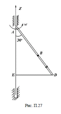 Треугольная пластина ADE вращается вокруг оси Z с угловой скоростью ω = 0,3t<sup>2</sup> − 2,2 рад/с (положительное направление ω показано на рисунке дуговой стрелкой). По гипотенузе AD движется точка В по закону S = АВ = 2 +15t − 3t<sup>2</sup> см (положительное направление отсчёта S от А к D). Определить абсолютную скорость  V<sub>абс</sub> и абсолютное ускорение  a<sub>абс</sub> точки B в момент времени t<sub>1</sub> = 2 c.