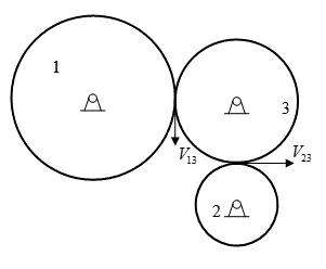 Определить угловую скорость зубчатого колеса 2 и указать на чертеже направление его вращения, если известна угловая скорость  ω1 = 10 <sup>1</sup>/<sub>c</sub>. Радиусы зубчатых колес. указаны на чертеже. <br />Дано: ω<sub>1</sub> = 10 1/c, r<sub>1</sub> = 40 см, r<sub>2</sub> = 20 см. Найти:   ω<sub>2</sub>.