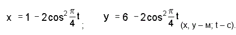 Даны уравнения движения точки: 	<br />x = 1 - 2cos<sup>2</sup> (π/4)t, y=6-2cos<sup>2</sup>(π/4)t <sub>(x,y,-мбt-c)</sub>	<br />1.	Определить уравнение траектории и построить ее.  	<br />2.	Определить начальное положение точки на траектории.  	<br />3.	Указать моменты времени, когда точка пересекает оси координат.  	<br />4.	Найти закон движения точки по траектории s = s(t), принимая за начало отсчета расстояний начальное положение точки. 	<br /> 5.	Построить график движения точки. 