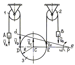 Механизм, изображенный на рисунке, состоит из неподвижных блоков 1, 2, подвижного блока 3 и гибкого троса, к концам которого прикреплены грузы А и В. Определить скорость центра С подвижного блока 3 радиуса R = 10 см и его угловую скорость w , если груз А опускается со скоростью 8 м/с, а груз В – со скоростью 4 м/с. Считать, что трос не проскальзывает по подвижному блоку