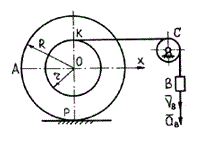 Груз В, опускаясь, приводит в движение катушку с помощью нити, переброшенной через блок С. Считая, что катушка катится без скольжения, определить ускорение точки А, если в данный момент V<sub>В</sub> = 80 см/с, а<sub>В</sub> = 160 см/с<sup>2</sup>. Радиусы катушки r = 30 см; R = 50 см.