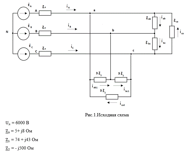 1. Нарисовать схему замещения электрической цепи. Указать положительные направления токов линий и фаз 3-х фазной цепи;  <br />2. Выполнить расчет линейных и фазных токов и напряжений;  <br />3. Рассчитать активную, реактивную и полную мощность 3-х фазной цепи. Проверить выполнение баланса мощностей;  <br />4. Нарисовать схему включения ваттметров для измерения активной мощности 3-х фазной цепи, рассчитать показания каждого ваттметра и активную 3-х фазную мощность;  <br />5. Нарисовать топографическую диаграмму напряжений и векторную диа-грамму токов 3-х фазной цепи.<br /> Вариант 64 (схема 6, данные 4)