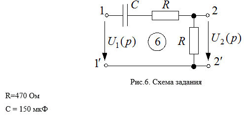 Передаточная функция и частотные характеристики четырехполюсника <br />Для заданной вариантом схемы замещения четырехполюсника требуется: <br /> 1. Найти передаточную функцию K(p) = U2(p)/U1(p) = K·(p+ω1)/(p+ω2) и комплексный коэффициент передачи четырехполюсника K(jω) = K·(jω+ω1)/(jω+ω0), где ω0 собственная частота четырехполюсника;  <br />2. Записать аналитические выражения амплитудно-частотной и фазо-частотной характеристик четырехполюсника;  <br />3. Построить график амплитудно-частотной характеристик в диапазоне частот 0,1ω0 – 3ω0;  <br />4. Найти закон изменения напряжения u2(t) при включении на напряжение u1(t)=1(t) – переходную функцию h(t) четырехполюсника. Построить график h(t).<br /> Вариант 64 (схема 6, данные 4)
